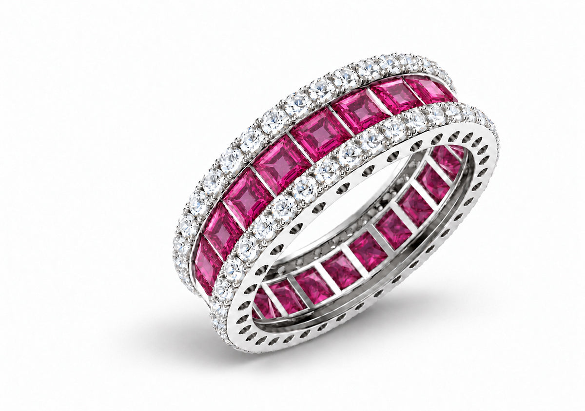 Custom made stackable diamond and pink sapphire anniversary eternity rings 2026 35