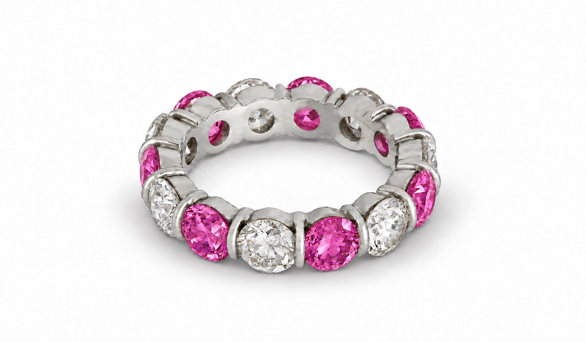 Custom made stackable diamond and pink sapphire anniversary eternity rings 2026 37