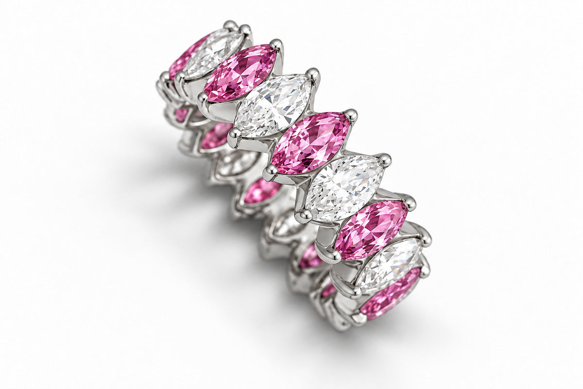Custom made stackable diamond and pink sapphire anniversary eternity rings 2026 5