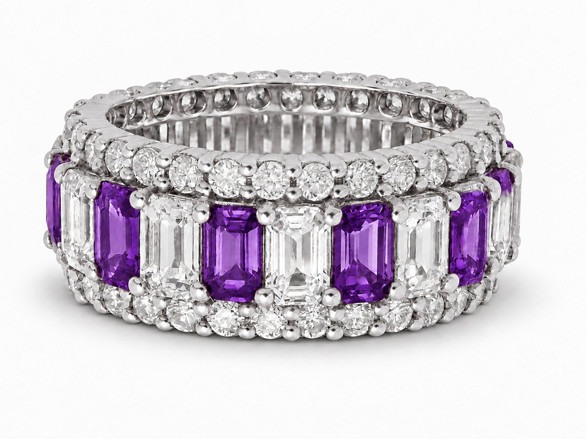 Custom made stackable diamond and purple sapphire anniversary eternity rings 2026 34