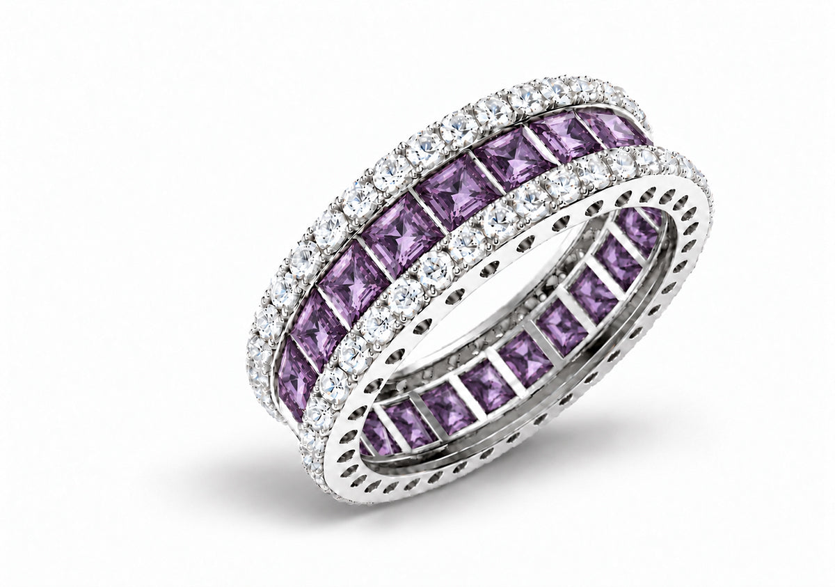 Custom made stackable diamond and purple sapphire anniversary eternity rings 2026 35