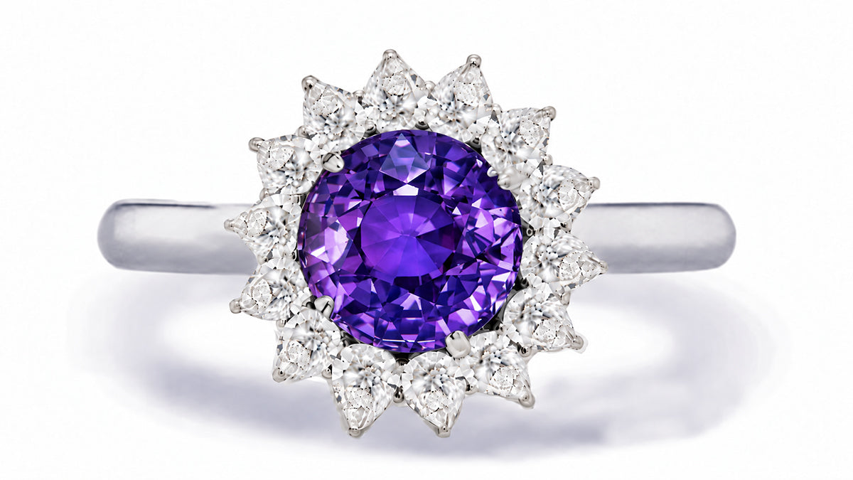 Custom made unique handcrafted non tradional diamond and purple sapphire engagement rings 2026 3