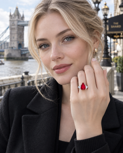 1 custom made unique pear ruby center stone with trillion diamond accents three stone engagement ring