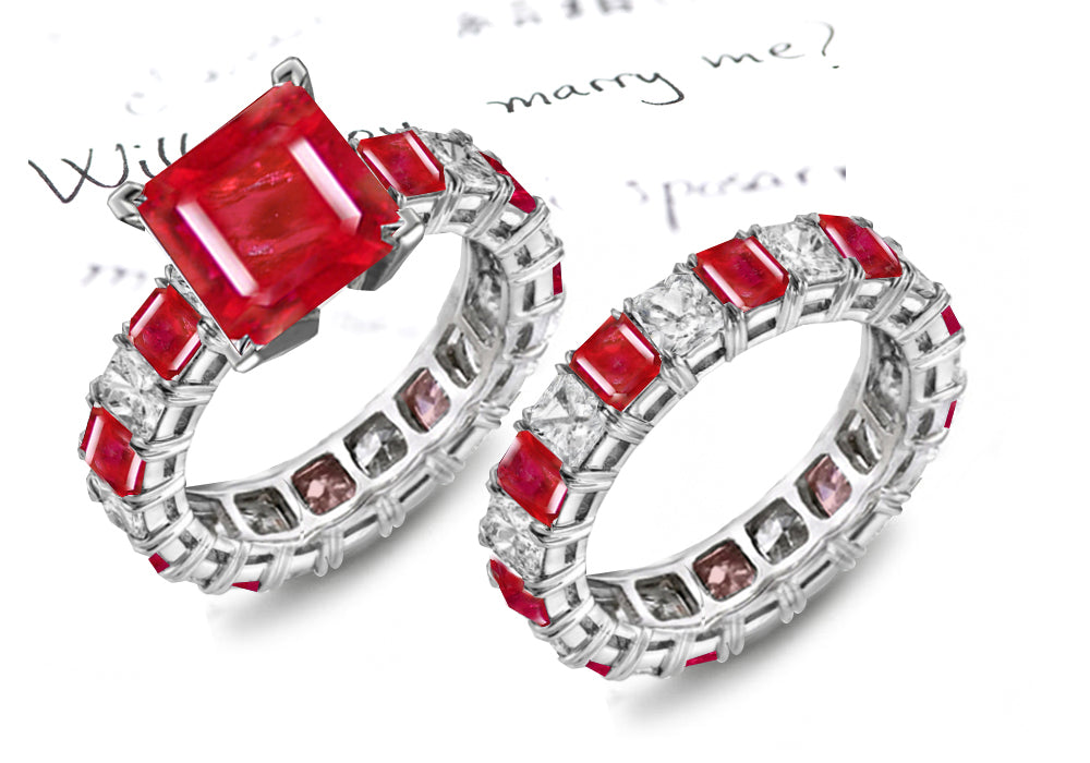 bridal set with alternating square rubies and diamonds