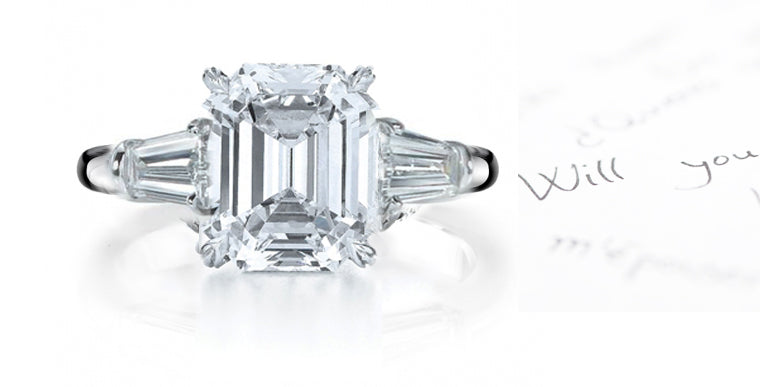 engagement ring three stone with emerald cut and fancy bullet cut diamonds