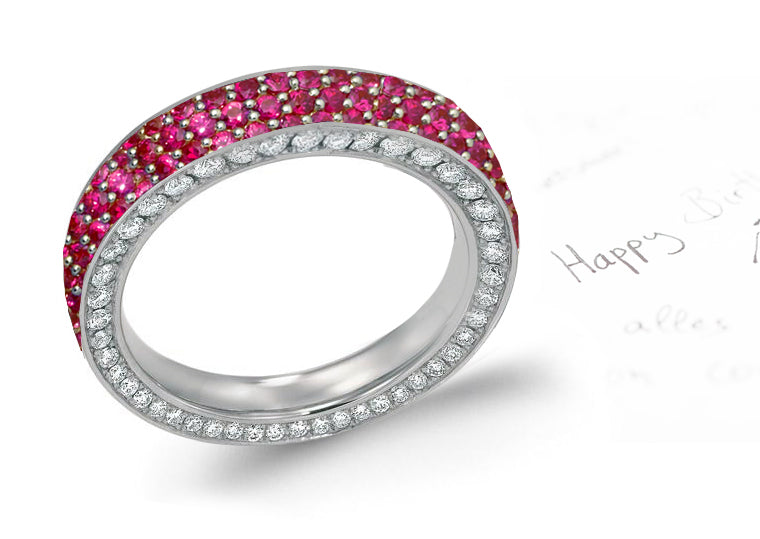 eternity ring with alternating round rubies and diamonds