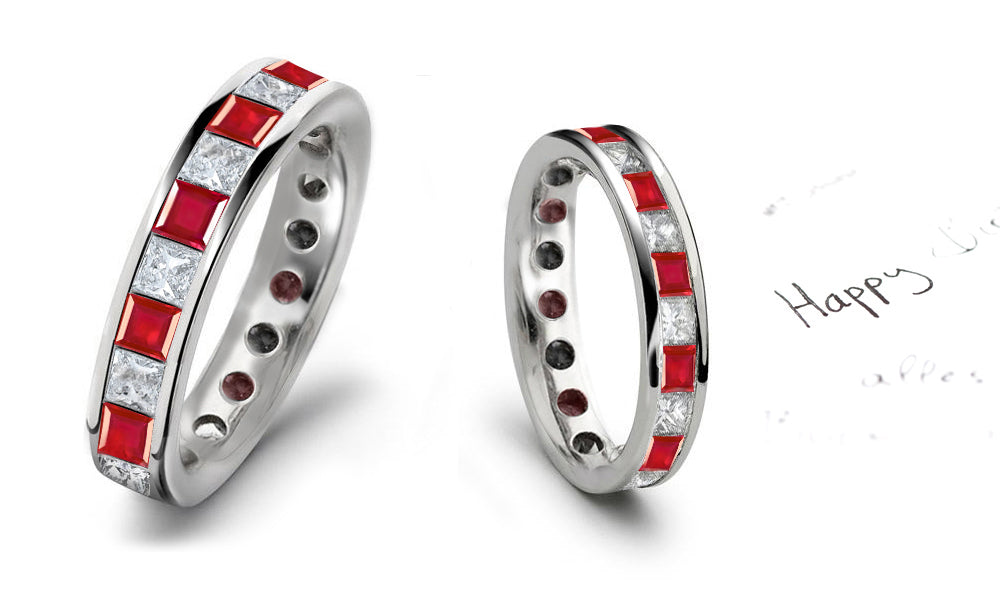 eternity ring channel set with square rubies and diamonds