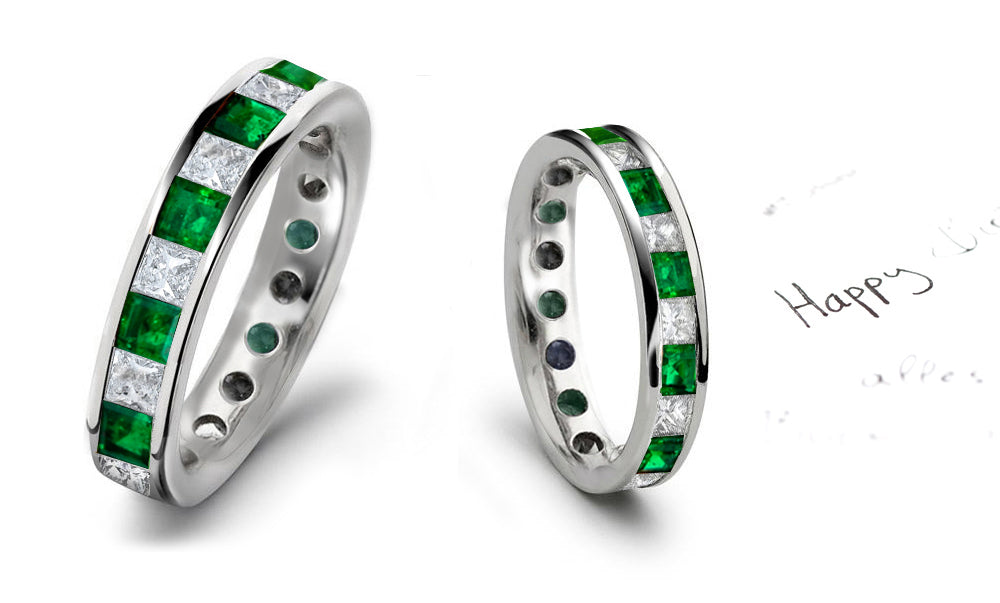 stackable eternity ring with alternating square emeralds and diamonds