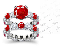 bridal set with round ruby center and band with round rubies and diamonds