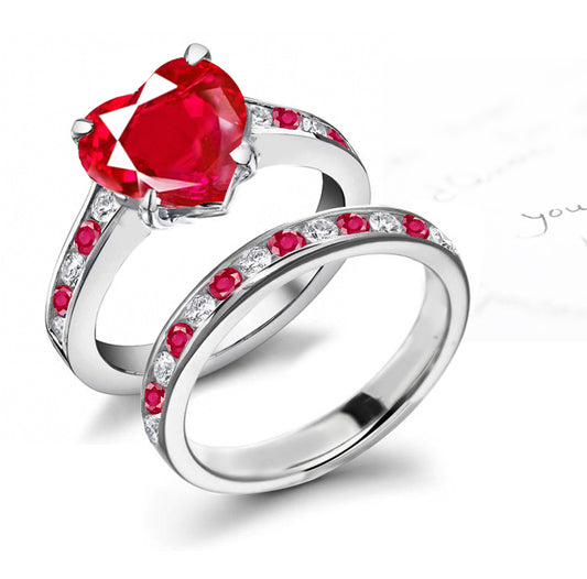 engagement ring/wedding band set with diamonds and rubies