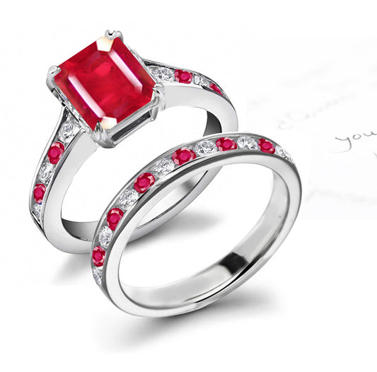 engagement ring/wedding band bridal set with emerald cut/round rubies and diamonds