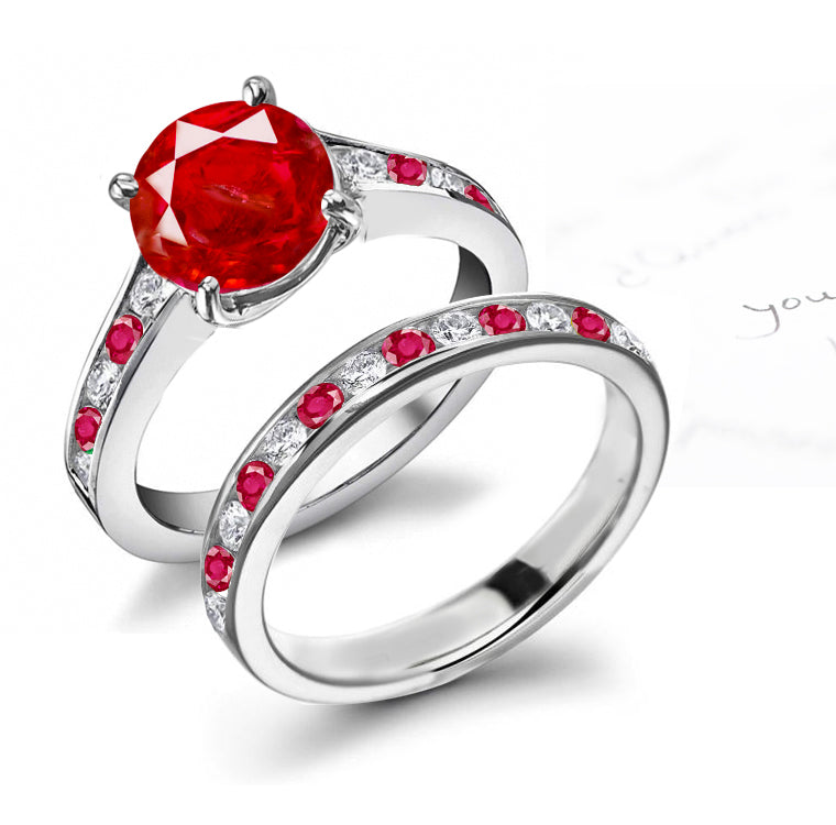 bridal set with round ruby center and band with round rubies and diamonds