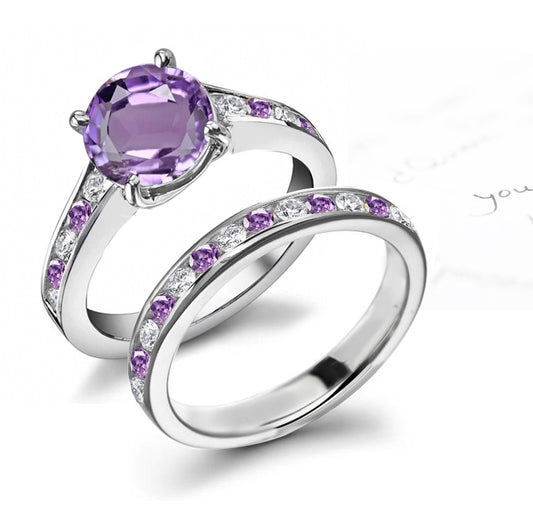 bridal set with round purple sapphires and diamonds