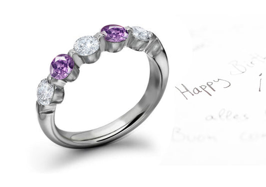 anniversary ring with alternating round purple sapphires and diamonds