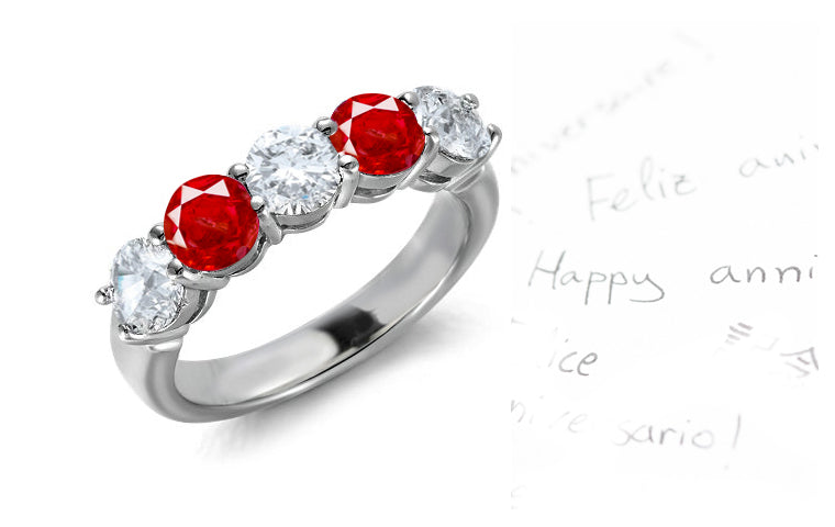 anniversary ring prong set with round rubies and diamonds