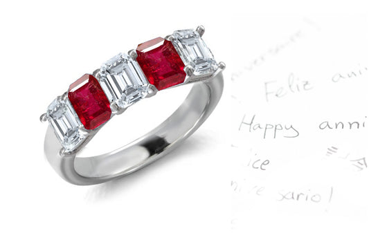 anniversary ring bar set with five emerald cut rubies and diamonds