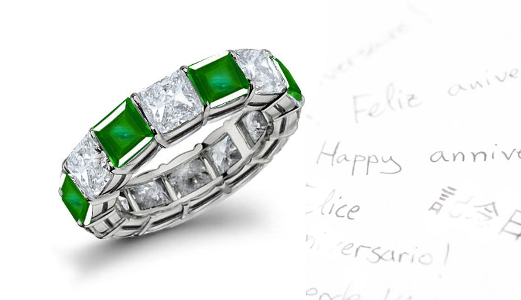 stackable eternity ring with alternating square emeralds and diamonds