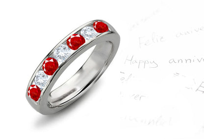 Anniversary ring with 5 alternating round rubies and diamonds