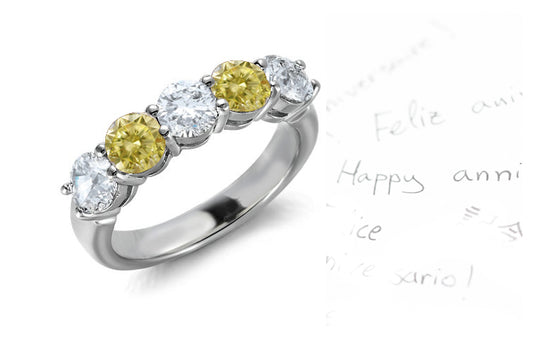 anniversary ring with 5 round yellow sapphires and diamonds