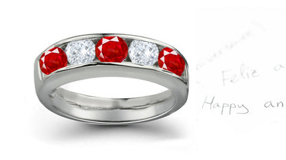 Anniversary ring with 5 alternating round rubies and diamonds