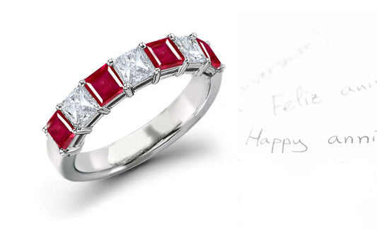 anniversary ring with seven square rubies and diamonds