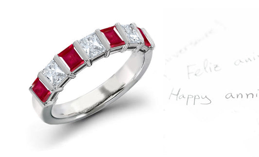 anniversary ring bar set with seven emerald cut rubies and diamonds