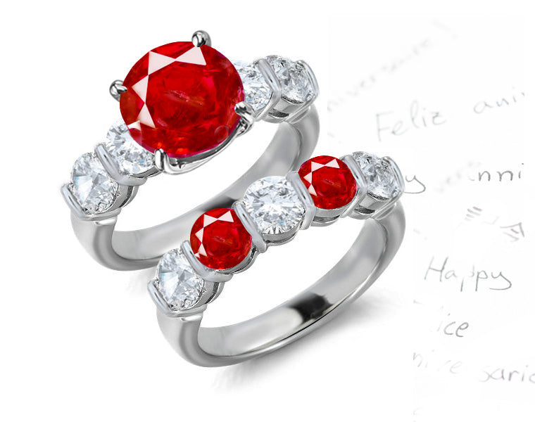 bridal set with round ruby center and band with round rubies and diamonds