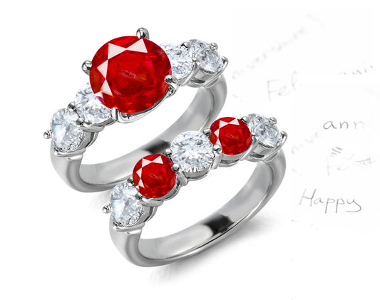 bridal set with round ruby center and band with round rubies and diamonds