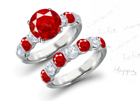 bridal set with round ruby center and band with round rubies and diamonds