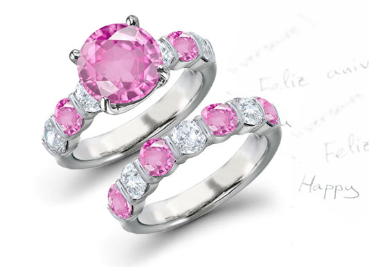 bridal set with alternating round pink sapphire center and diamonds