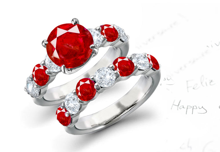 bridal set with round ruby center and band with round rubies and diamonds