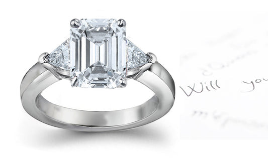 Three Stone Emerald Cut Diamond & Side Trillion Diamond Engagement Ring