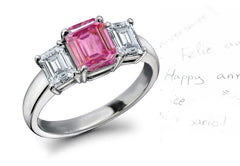 engagement ring with emerald cut pink sapphire center and side diamonds