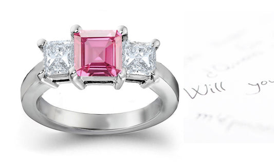 engagement ring with square pink sapphire center and side square diamonds