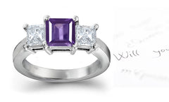 engagement ring three stone with square purple sapphire center and side square diamonds