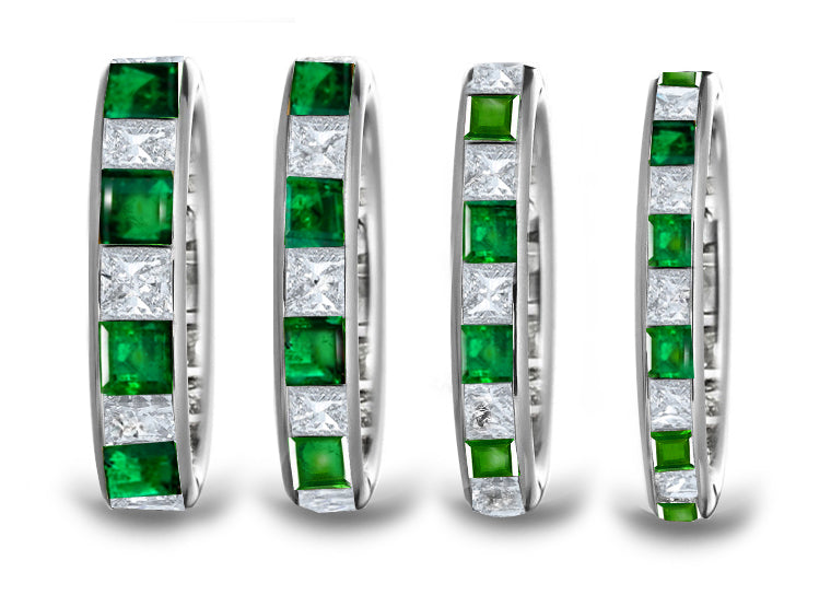 stackable eternity ring with alternating square emeralds and diamonds