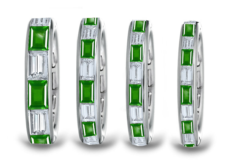 eternity band channel set with baguette emeralds and diamonds