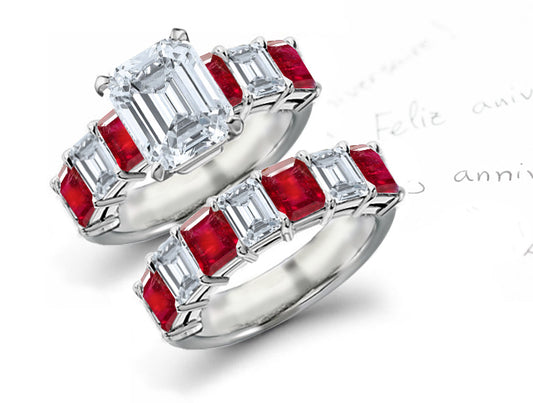 engagement ring and wedding band set with emerald cut diamonds and rubies