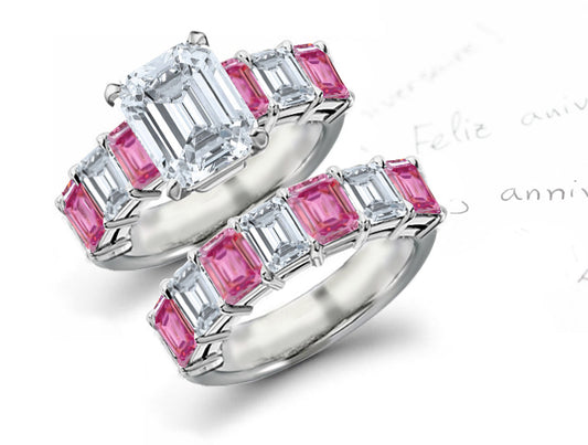 bridal set with emerald cut diamonds and pink sapphires