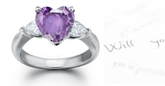 engagement ring three stone with purple heart sapphire center and side pear white diamonds