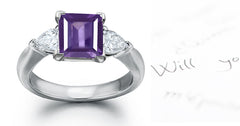 engagement ring three stone with square purple sapphire center and side pear diamonds