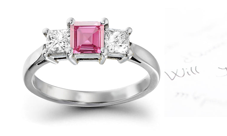 engagement ring with square pink sapphire center and side square diamonds