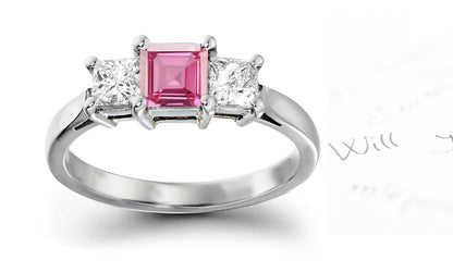 engagement ring with square pink sapphire center and side square diamonds