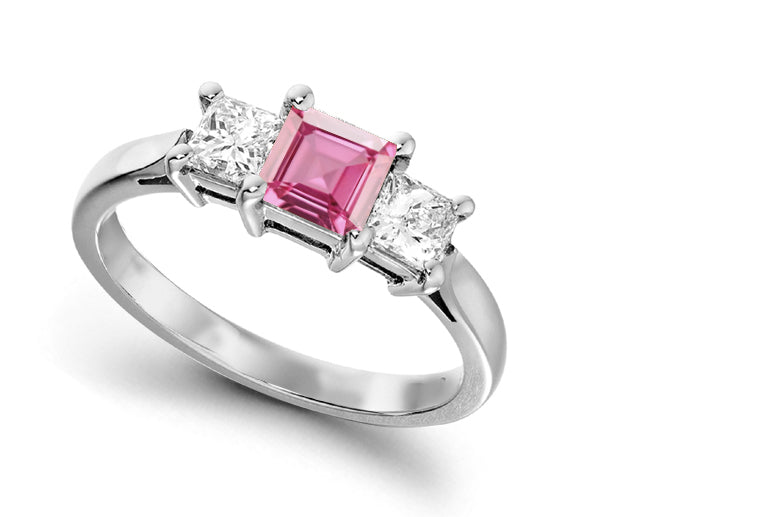 engagement ring with square pink sapphire center and side square diamonds