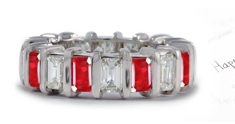 eternity ring bar set with alternating emerald cut rubies and diamonds