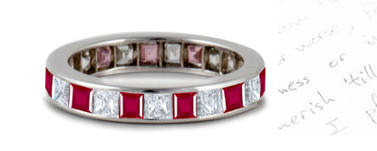 eternity ring channel set with square rubies and diamonds