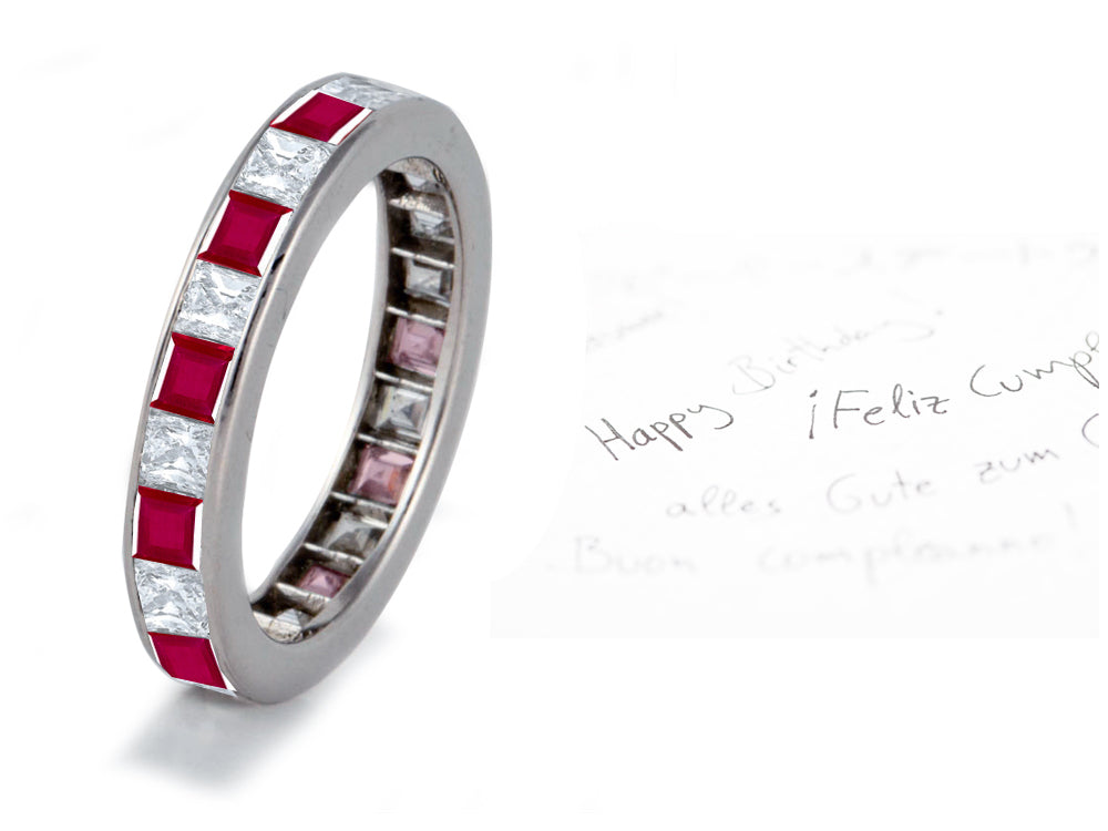 eternity ring channel set with square rubies and diamonds