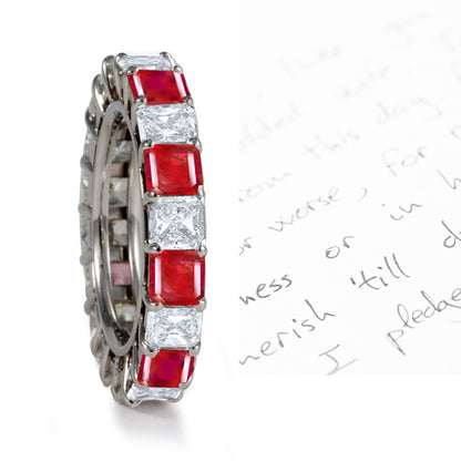 stackable eternity ring with alternating square rubies and diamonds