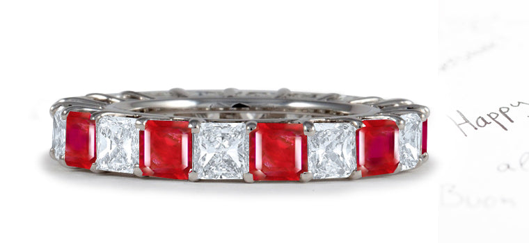 stackable eternity ring with alternating square rubies and diamonds