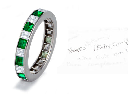 stackable eternity ring with alternating square emeralds and diamonds